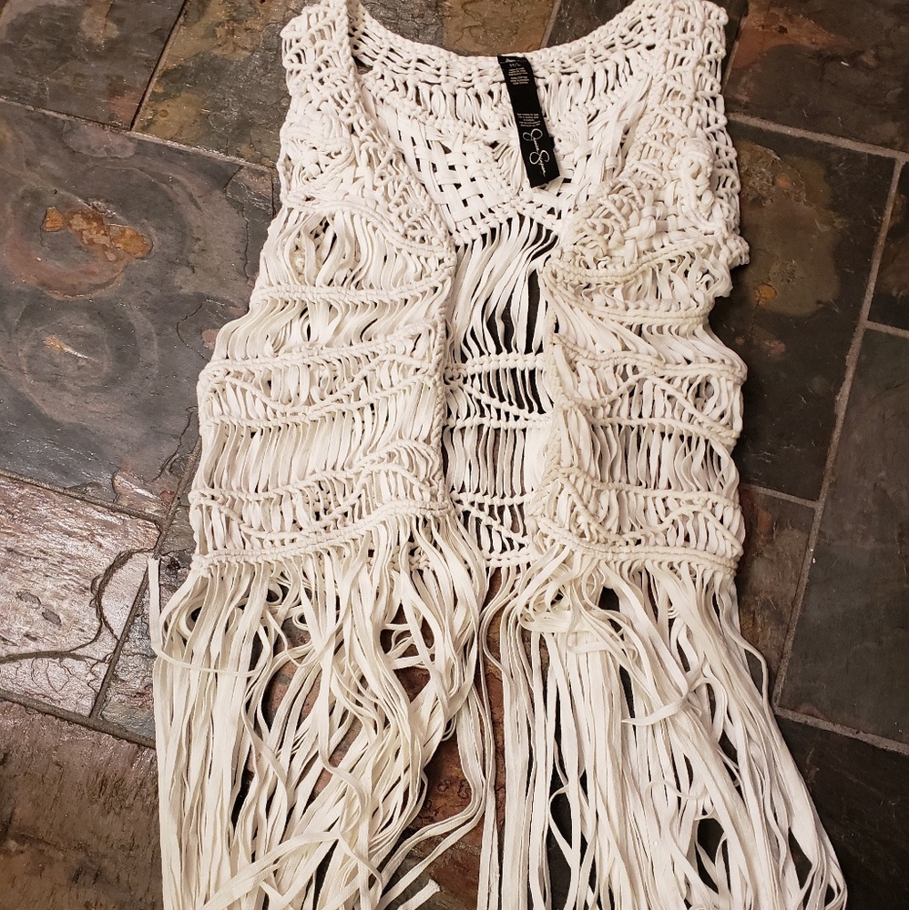 Fringed long crocheted vest